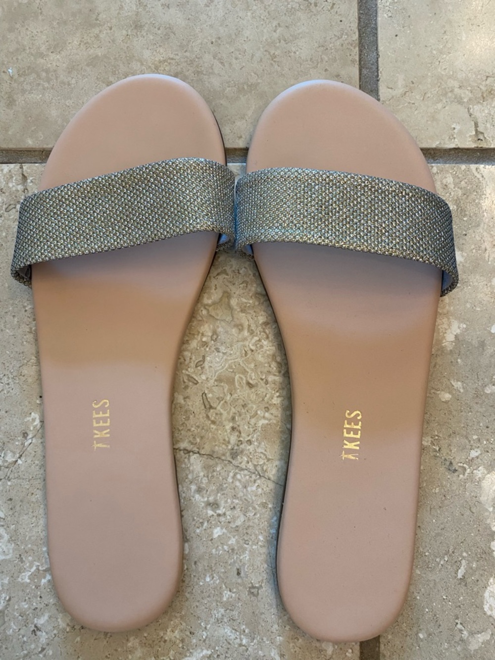 TKEES Nude Slide Sandals with Shimmery Metallic Strap
